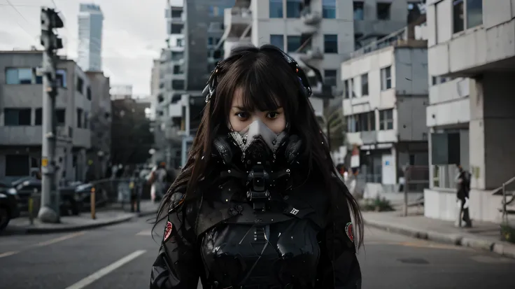 This is a CG Unity 8k wallpaper with ultra-detailed, high-resolution and top quality in cyberpunk style, dominated by black and red. In the picture, a beautiful girl with white messy long hair, a delicate face, wearing a steam mecha mask, standing on the r...