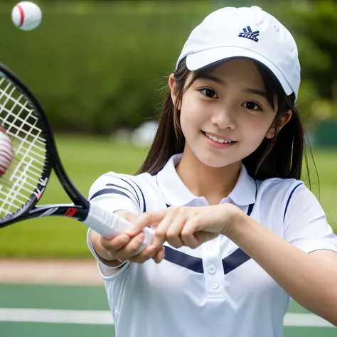 Highest quality, masterpiece, Ultra-high resolution, (Realistic:1.4), Raw photo, One girl, 15 years old, The most famous Japanese idols, Playing tennis, Wearing a tennis uniform and tennis cap, (Very cute face, ((Very cute big black eyes)), Very cute hairs...