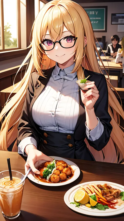 An anime-style woman with long blonde hair and glasses is enjoying a meal at a restaurant. She is holding a small cup of tea and smiling. The table in front of her has a large bowl of ramen with vegetables and meatballs, along with two tall drinks, one wit...