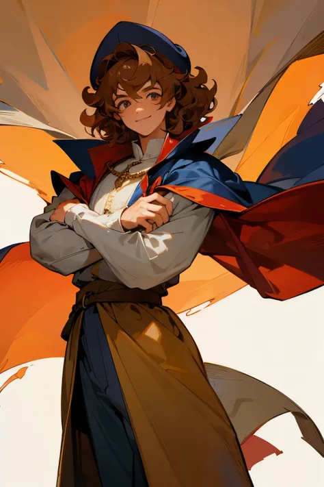 Curly-haired boy smiling and wearing medieval clothes with a hat and covering one of his arms with a cape