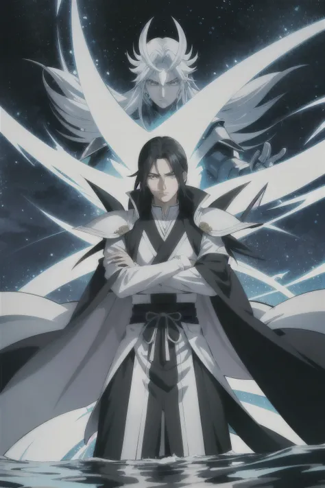 A male character standing with crossed arms over a vast ocean, with spiky white hair similar to Tobirama Senju. He wears a combination of ninja armor and elegant, flowing robes. His expression is serious, with intense eyes that convey a sense of power and ...