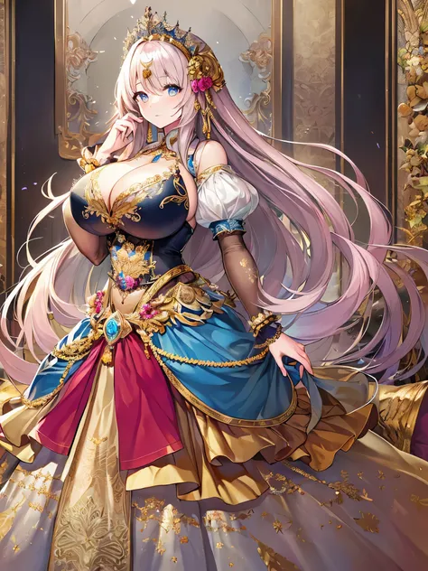 ((moe anime artstyle)),((Masterpiece)),(Best Quality),((Super Detail)),((Very Delicate and Beautiful)),((Solo)),full body,((full body portrait)),(((1 bling-bling Queen in beautiful embroidery and jeweled gorgeous rococo ballgown with voluminous full length...