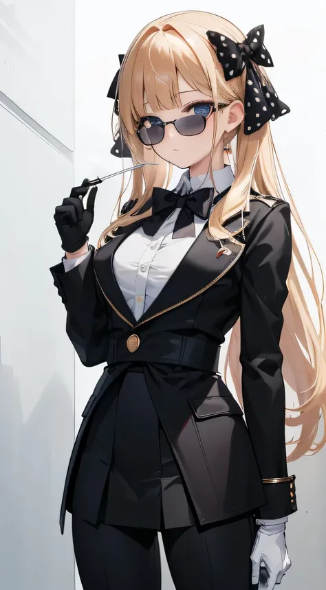 best quality, masterpiece, highres, solo, {black suit:1.40}, {black pants:1.40}, {tie:1.20}, {brown trench coat:1.20}, {sunglasses:1.25}, {white gloves:1.15}, {white shirt:1.10}, {black skirt:1.15}, {smoking:1.20}, handsome, (young girl), (very very young ...