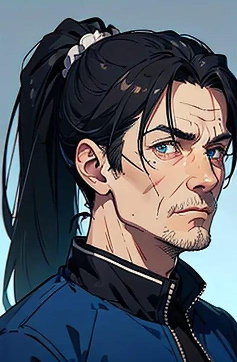 Portrait, solo, Old man, old, grandfather, adult, black long hair, ponytail, scar in eyes, blue jacket, charismatic, leader, aura, 