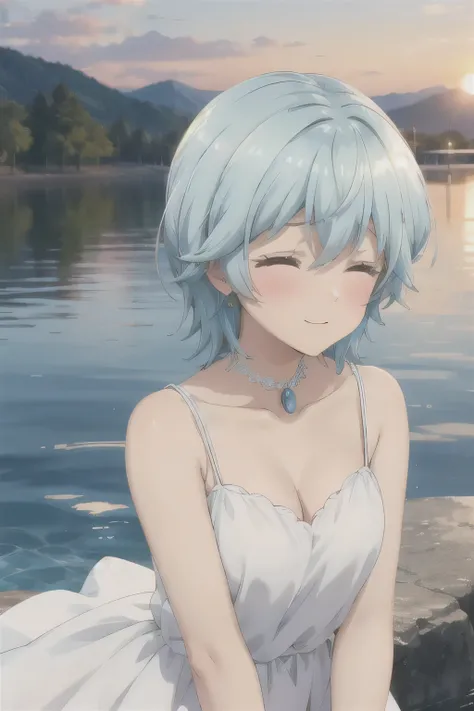 Shyness with eyes closed，Sunset，White Dress，Blue Hair，cute，Slightly blush，