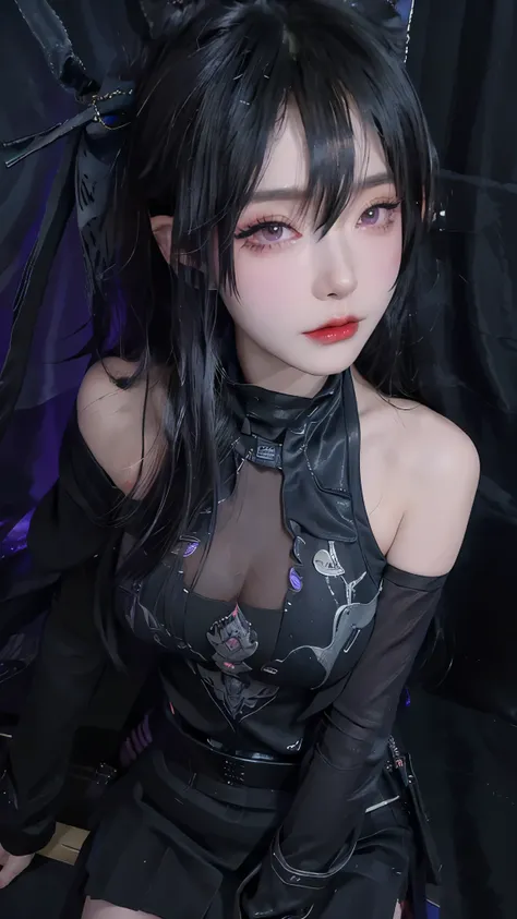 4k ultra high definition、best quality, masterpiece, Ultra-high resolution, (Reality: 1.4),  1 girl, Purple Eyes, Off-the-shoulder sweater dress, Light、purple and black hair、(My girl、My cosmetics)、(Danteidong、Large Breasts、Oversized off-the-shoulder black T...