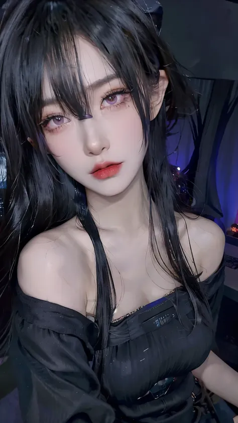 4k ultra high definition、best quality, masterpiece, Ultra-high resolution, (Reality: 1.4),  1 girl, Purple Eyes, Off-the-shoulder sweater dress, Light、purple and black hair、(My girl、My cosmetics)、(Danteidong、Large Breasts、Oversized off-the-shoulder black T...