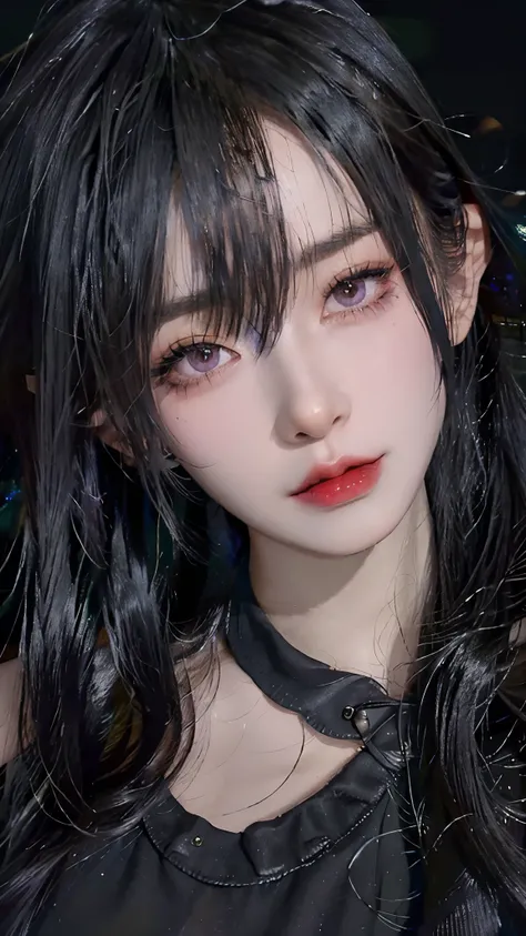 4k ultra high definition、best quality, masterpiece, Ultra-high resolution, (Reality: 1.4),  1 girl, Purple Eyes, Off-the-shoulder sweater dress, Light、purple and black hair、(My girl、My cosmetics)、(Danteidong、Large Breasts、Oversized off-the-shoulder black T...