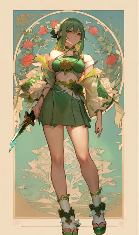 anime girl in a green bikini with a sword and roses, extremely detailed artgerm, like artgerm, seductive anime girl, anime goddess, ! dream artgerm, artgerm. anime illustration, artgerm on artstation pixiv, style artgerm, artgerm style, ig model | artgerm,...