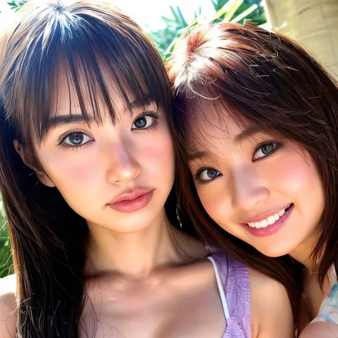 two women of the same person huddled together、exactly the same face、exactly the same body type、exactly the same hairstyle、instag...