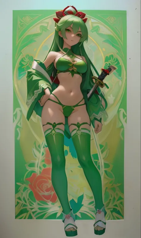 anime girl in a green bikini with a sword and roses, extremely detailed artgerm, like artgerm, seductive anime girl, anime goddess, ! dream artgerm, artgerm. anime illustration, artgerm on artstation pixiv, style artgerm, artgerm style, ig model | artgerm,...