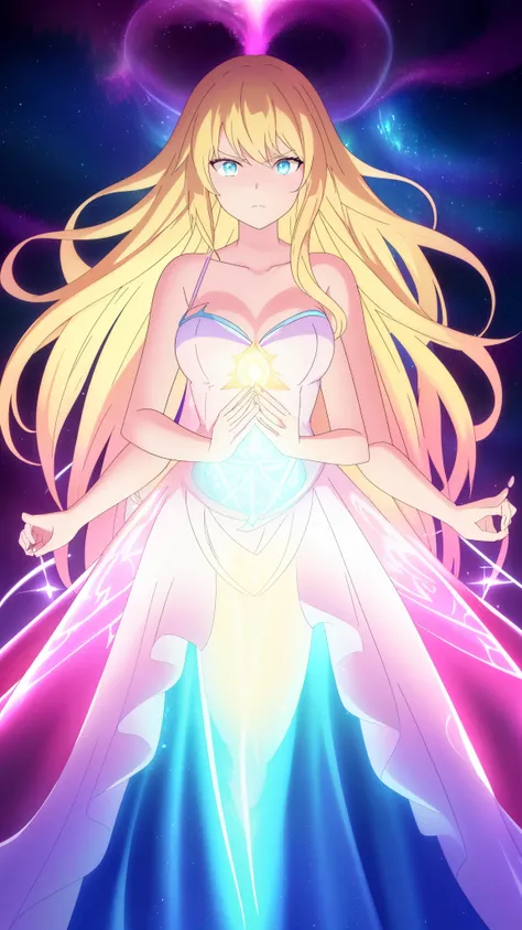 beautiful girl, puffy tiered ballgown, vibrant pastel colors,(20years old,madure female),(angry),closed mouth,white dress,cleavage,sleeveless,((glowing blonde long hair)), magical lights, sparkling magical liquid, inspired by Glen Keane, inspired by Lois v...