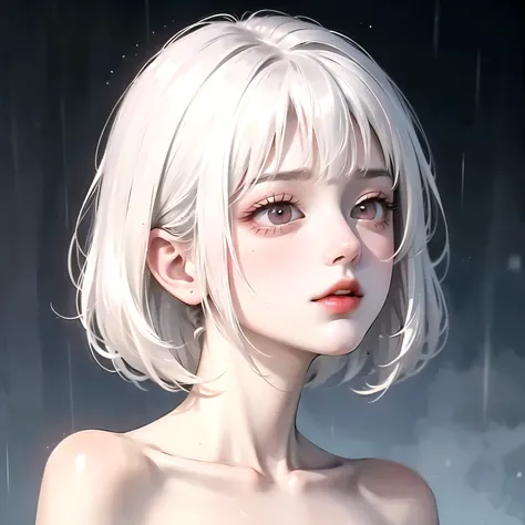 ((best quality)), ((masterpiece)), (detailed), 1girl, girl looking up in the middle of rain. White hair. Short hair. Pink eyes. Sad vibe. Sad face. Topless.