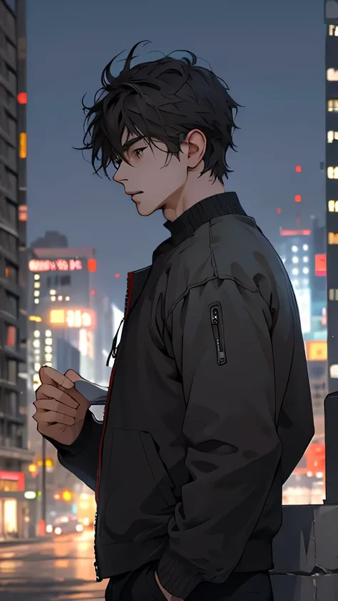 1 girl,masterpiece,best quality, ultra high res, dusk,cityscape,depth of field, short black messy hair, solo male