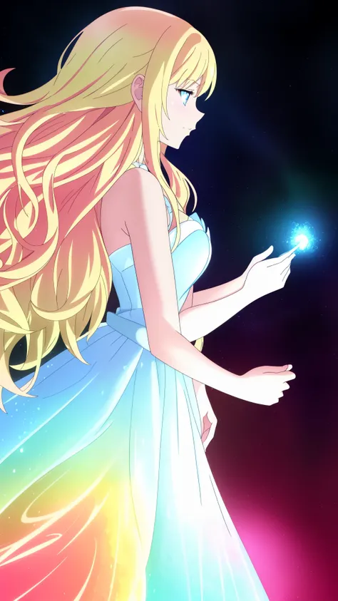 beautiful girl, puffy tiered ballgown, vibrant pastel colors,(20years old,madure female),(angry),closed mouth,white dress,cleavage,sleeveless,((glowing blonde long hair)), magical lights, sparkling magical liquid, inspired by Glen Keane, inspired by Lois v...