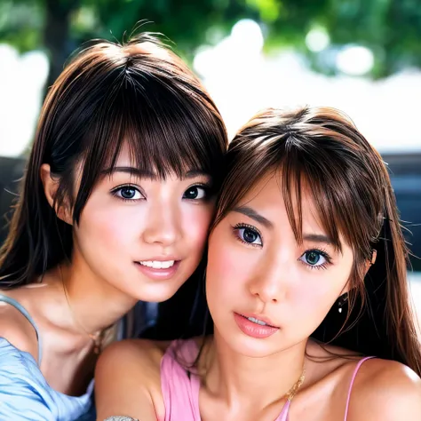 Two women of the same person huddled together、Exactly the same face、Exactly the same body type、Exactly the same hairstyle、Instagram model from another dimension, by 2 person, Imaginative, Metaphysical, Whimsical, Anaglyph Style, 1 Japan, Cute face, 18-year...