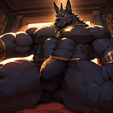 anubis jackal，Behemoth，4k HD，wallpaper, egyptian jewelry, anubis mask, angry struggling expression, looking down, lying on bed, (night time: 1.1), huge chest, (bara pecs: 1.4), (dense oversized huge pecs: 1.1), (big crotch bulge: 1.5), thong, dark dramatic...