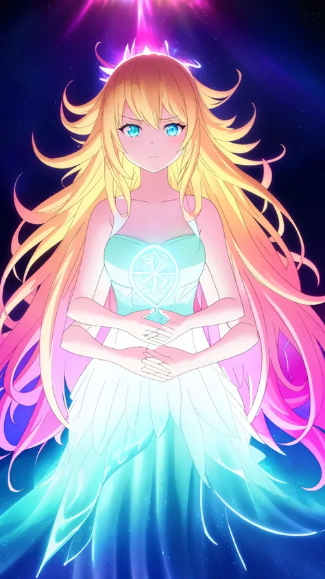 beautiful girl, puffy tiered ballgown, vibrant pastel colors,(20years old,madure female),(angry),closed mouth,white dress,cleavage,sleeveless,((glowing blonde long hair)), magical lights, sparkling magical liquid, inspired by Glen Keane, inspired by Lois v...