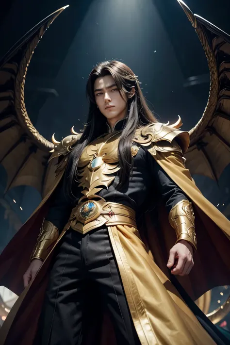 Animation anime male with long, dark long hair, golden dragon eyes, powerfull wings and hes dressed like a king