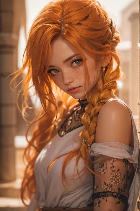 1girl, belviso, bob cut, braid, light freckles, lips, long hair, looking at viewer, messy hair, orange hair, 
200AD Roman baths . dusty and beaten, 
half body shot, realistic, solo, teeth
sexy, adorable, seductive
golden hour