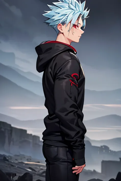 masterpiece, best quality, ultra-detailed, illustration, 1boy, solo, black hoodie,black trousers, standing, at night, looking aw...