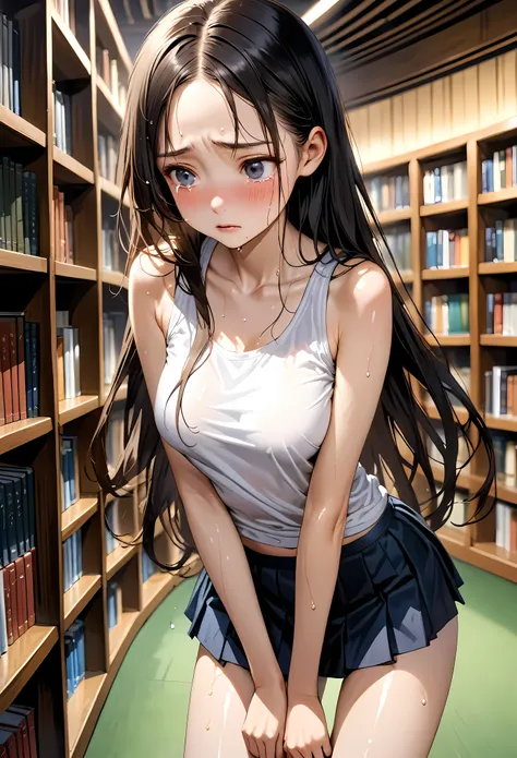 ((masterpiece,Highest quality;1.3,best illustration,realistic)),Being forced to expose your underwear、1woman、solo,25 year old Japanese beauty,((very small head:1.3)),(center parted bangs,forehead),black hair,long hair,black eyes,gorgeous eyes,tears,shy,sad...