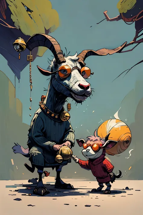 a crazy old cartoon goat, wearing sunglasses, wearing a sweater, 8k, creative illustration, masterful artwork, strange art, has ...