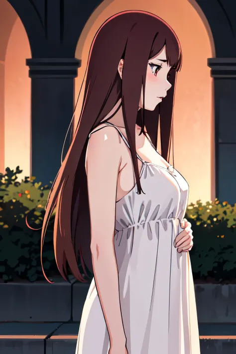 1 girl,cute,Standing facing right, camera angle from the side, photo from the side, looking away, in the park,at night,straight hair,brown hair, bright red eyes,big breast,,Looking away,,Night gown ,half body photo,blush,