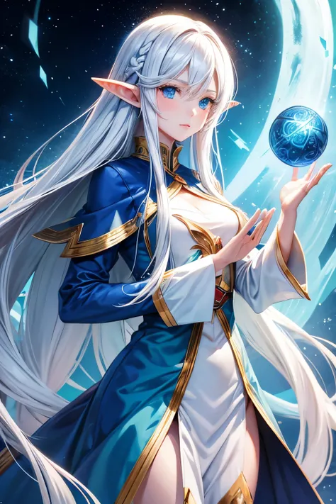 ELF WOMAN LONG WHITE HAIR, blue colored eyes, female magician
