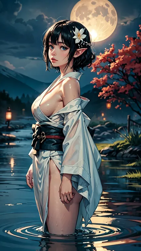 1girl, breasts, moon, lantern, night, solo, large breasts, hair ornament, wet, kimono, japanese clothes, wading, water, hair flower, flower, outdoors, sky, full moon, rain, black hair, off shoulder, mountain, cloud, holding, sash, bare shoulders, paper lan...