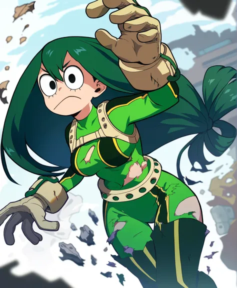 score_9_up, score_8_up, score_7_up, cowboy shot, 1girl, Asui Tsuyu(boku no hero academia), green hair, very long hair, low-tied long hair, tied hair, black eyes, wide hips, medium breasts, (torn clothes), (torn suit), (wounds on body), source_anime, anime ...