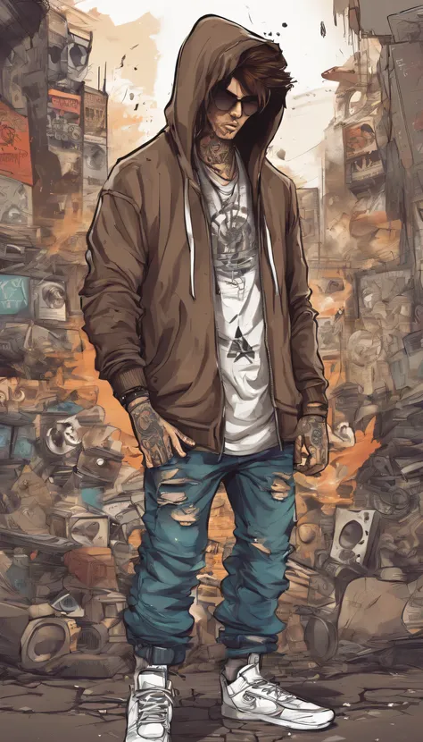 A cool and trendy rapper, brown hair, brown eyes, wearing trendy hip hop clothing, wearing a hoodie, graphic t-shirt and torn jeans, tons of tattoos and piercings, graffiti style background, highly detailed background, perfect masterpiece, high quality, hi...