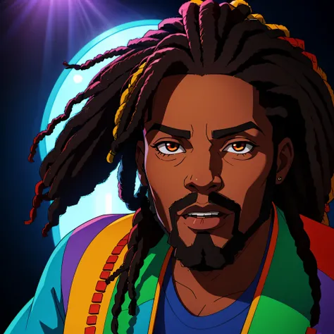 a close-up photo of 1 black male, reggae superstar "Marley Blaze", detailed facial features, dreadlocks, warm lighting, studio lighting, neon lights, vibrant colors, 80s aesthetic, photorealistic, highly detailed, sharp focus, 8k, best quality