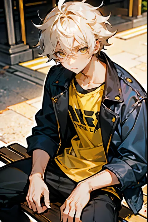 1male, White Hair, Yellow T-shirt, Messy Hair, Blue and Black Jacket, Casual Attire, Hazel Eyes, Focused Expression, Lean, Regular Ranker, Young Male, Market, Sitting on a Bench