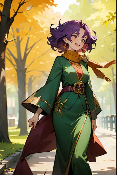 1female, Purple Hair, Green Gown, Curly Hair, Red and Gold Scarf, Elegant Attire, Amber Eyes, Laughing, Slender, Fisherman, Adult Female, Park, Walking along the Path