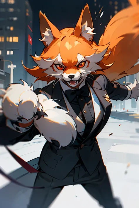 furry, furry, orange fur, non binary, canine, fox, single, sharp claws, detailed fur, red eyes, fluffy tail, gray tux, black tie, super detailed: 1.0, city street, detailed background gore