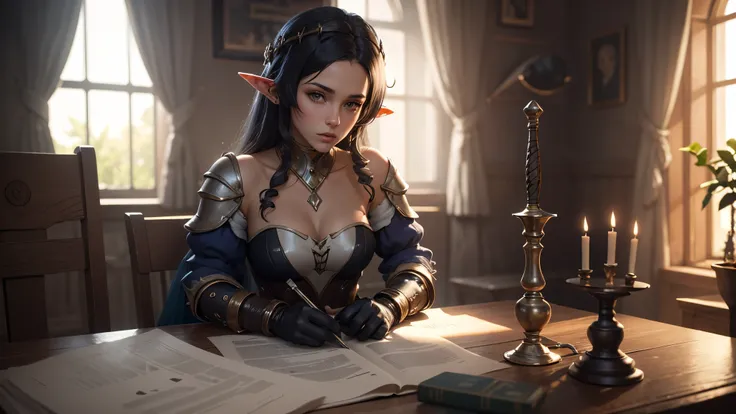 3D rendering, Рендеры Octane, (Unreal engine), fantasy settings, game character, conceptual art, close-up, ((isekai fantasy world)), in room, dungeon, ((holding a sword)), Leiladef, In Leijarn, elf ears, wear leather armor