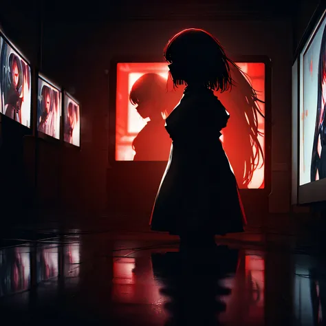 I want a cinema screen where theres a person on the screen: a masterpiece. A woman with red eyes stands in front of a window. Her beautiful eyes are visible on a large monitor screen in the background. A girl is in the center, her silhouette standing out. ...