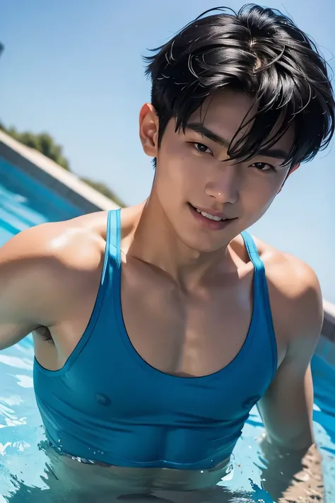 Handsome　Asian Male Model 17 years old　adult　Black Hair　short hair　Short cut　 Beautiful Skin　slim and muscular　 Sky blue very small tight speedo swimwear 　Cerulean blue tight tiny rubber swimwear　　Tight and bulging　　Swimming Pool　　Part of the body is in th...