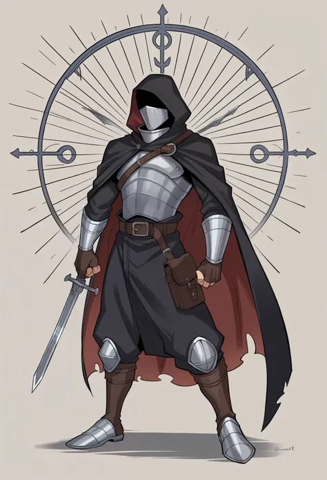 His attire was a striking blend of medieval fantasy and practical armor, designed to both protect and impress. He wore a dark, hooded cloak that flowed down to his ankles, made from a heavy, almost black fabric that absorbed the light and added an air of m...