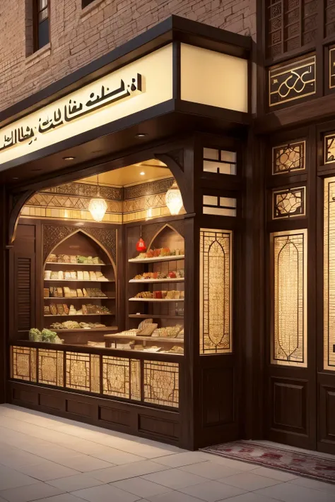 create a storefront of an arabic restaurant with some arabic decorations with windows