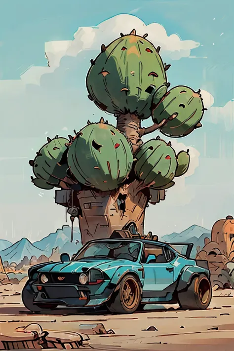 Cartoon offroad car, the car is on top of a large round boulder, the boulder is alone in the middle of the desert, one cactus in the desert, the car is light blue, beautiful illustration, 8k, hi res image, intricate detail, unique illustration, three quart...