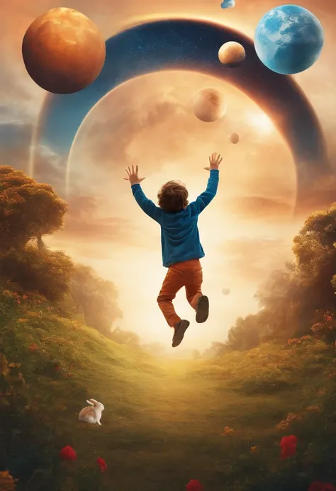 create a picture for a story, boy jumping between planets with a rabbit