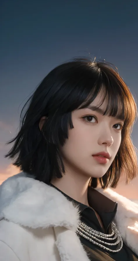 FUBUKI, (BLACK HAIR), Straight hair, TAUT CLOTHES, FUR COAT, JEWELRY, NECKLACE, long face, short hair, straight hair, (photorealistic:1.2), (masterpiece), best quality, (detailed face:1.4), raw photo, ultra realistic 8k, perfect artwork, (background violen...