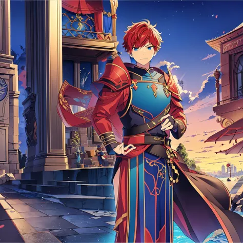 a boy, Red hair, blue colored eyes, red knight armor, heavy armor, posture would be, city in the background, No hero, 15year old, natta, closed sky, chest armor, focus from the waist up, avoid hands in the image, No hands, heroic smile, armadura Mediovale,...