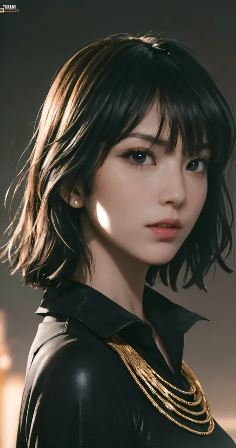 FUBUKI, (BLACK HAIR), Straight hair, TAUT CLOTHES, FUR COAT, JEWELRY, NECKLACE, long face, short hair, straight hair, (photorealistic:1.2), (masterpiece), best quality, (detailed face:1.4), raw photo, ultra realistic 8k, perfect artwork, (background violen...