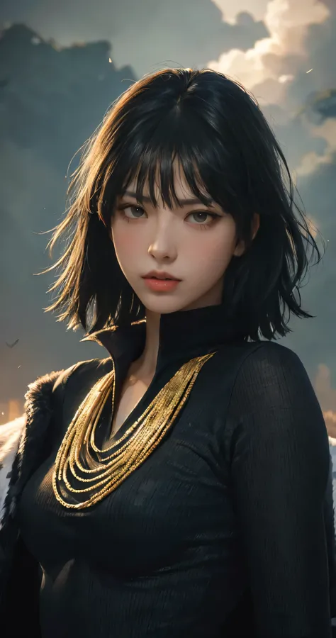 FUBUKI, (BLACK HAIR), Straight hair, TAUT CLOTHES, FUR COAT, JEWELRY, NECKLACE, long face, short hair, straight hair, (photorealistic:1.2), (masterpiece), best quality, (detailed face:1.4), raw photo, ultra realistic 8k, perfect artwork, (background violen...