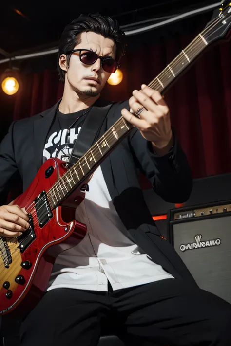 man in dark glasses with rocker style with electric guitar