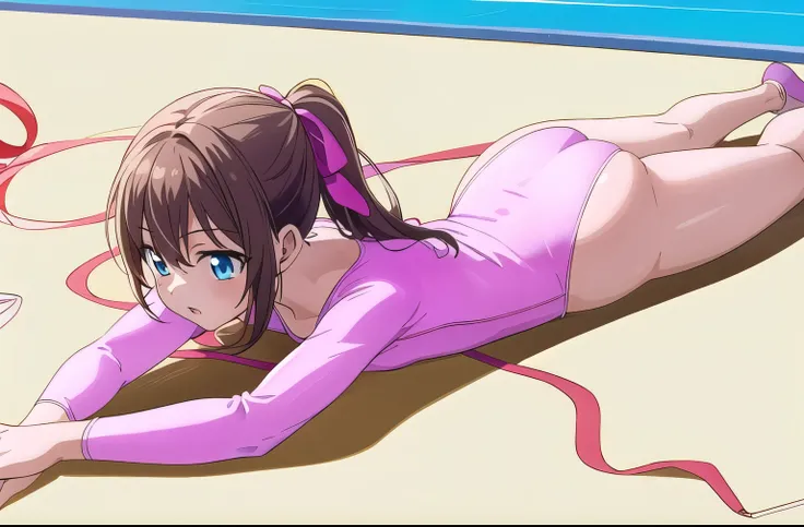 a drawing of the cute anime girl laying on her back in a pink suit, 1girl, solo, leotard, athletic leotard, blue eyes, brown hair, ponytail, pink leotard, ribbon, gymnastics, ass, lying, long hair