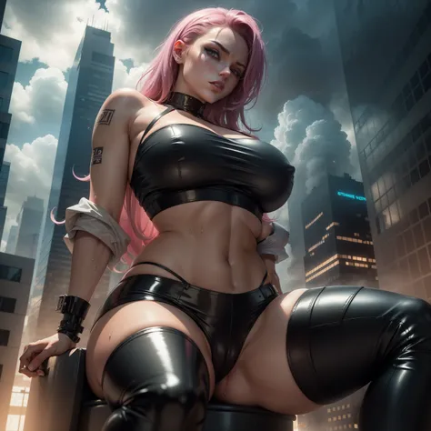 "A huge seductive (really hot) giantess in a sexy hotpants and pink top rocks a latex top. She is sitting with open legs (wide open legs) and wet (really wet) vagina (schleim tropft aus unterhose)(sehr viel schleim) in the bustling urban landscape of GTS C...